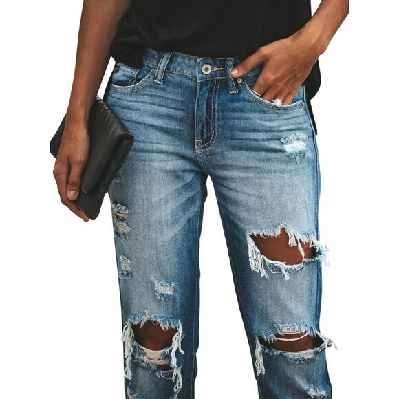 Women's Ripped Mid Waisted Boyfriend Jeans Stretchy Denim Casual Pants - Picture 4 of 5